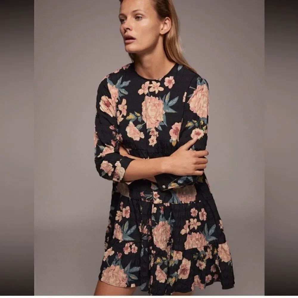 ZARA Sharon Floral Print 3/4 Sleeve Babydoll Mini Dress Size XL